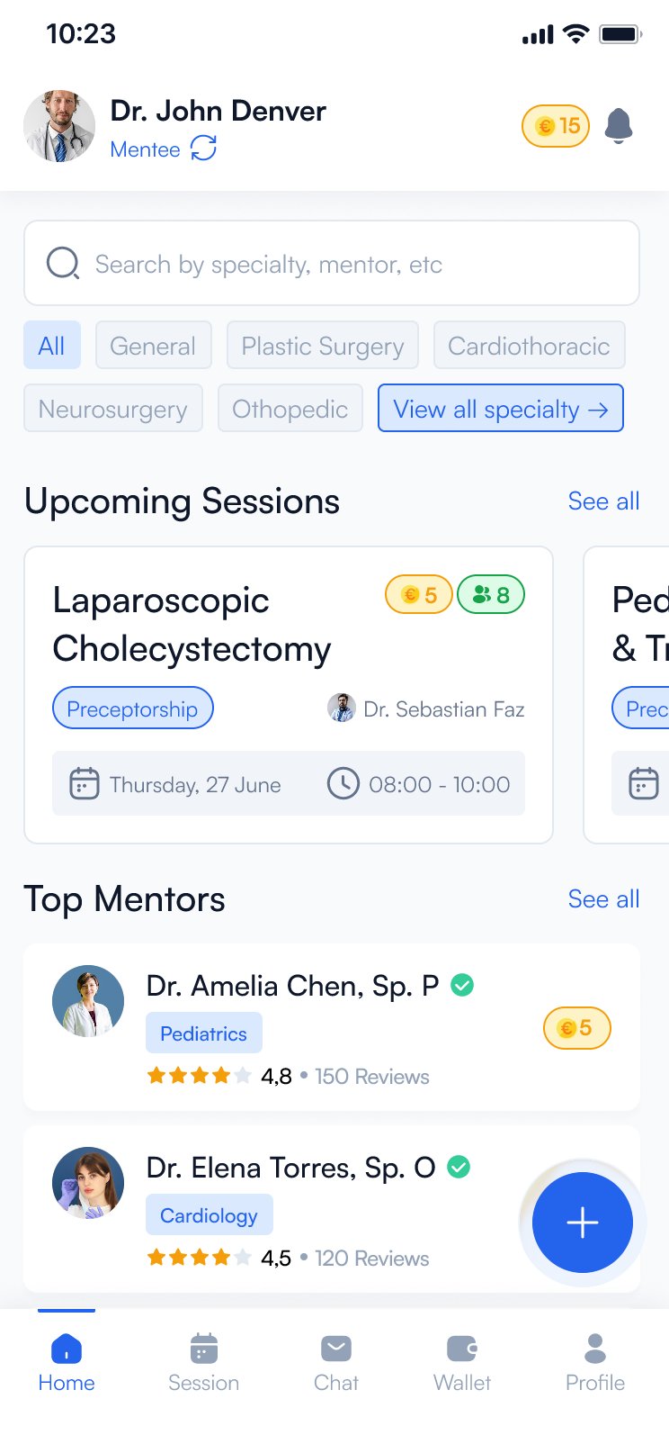 proctOR App: Mentee-Startseite mit Suche nach Fachgebiet, anstehenden Sessions und Top-Mentor:innen